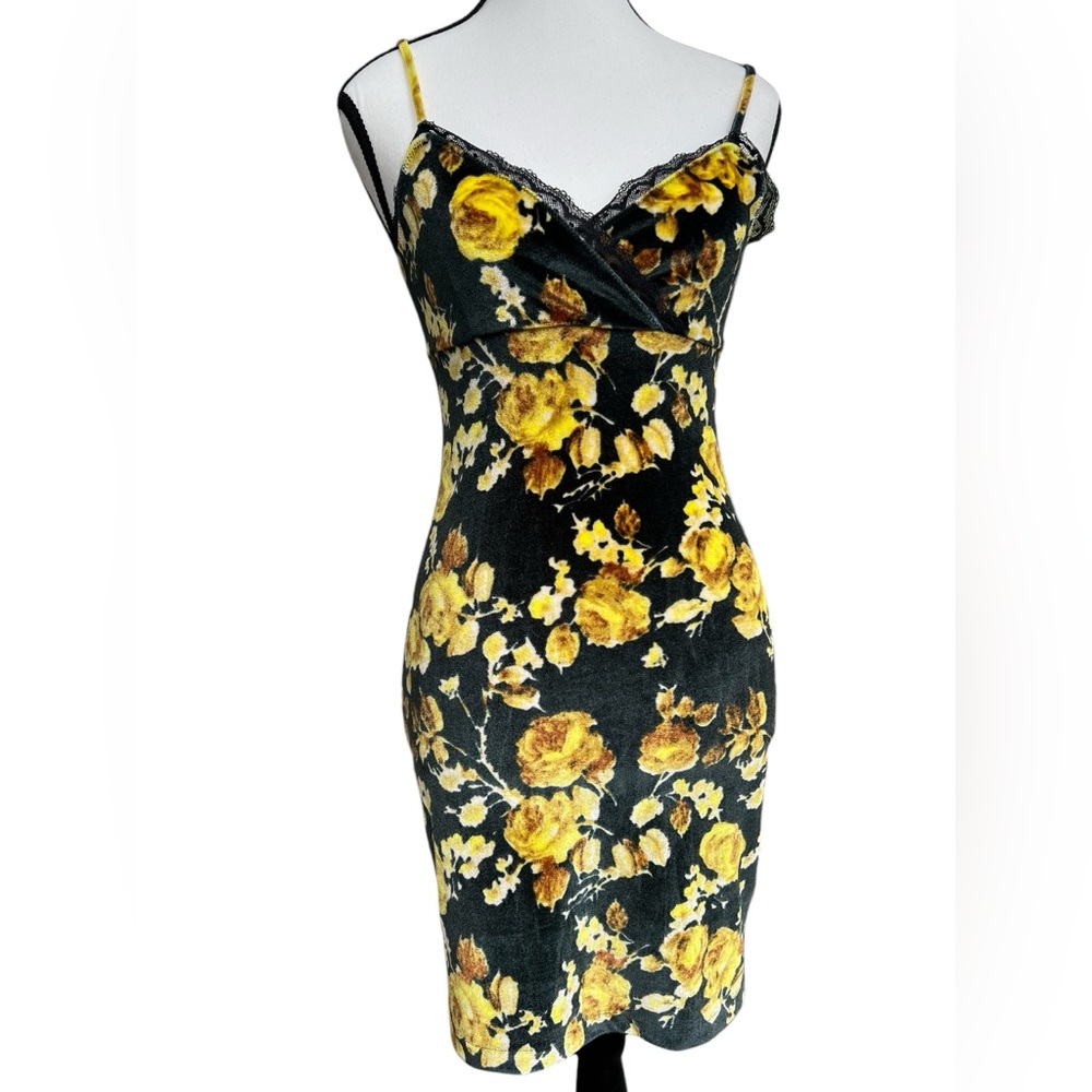 Urban Outfitters Black Yellow Floral Velvet Dress XS Lace Trim
